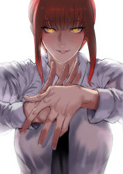 Rule 34 | 1girl, black necktie, blunt bangs, breasts, chainsaw man, furiouzly, hands up, highres, large breasts, long sleeves, looking at viewer, makima (chainsaw man), medium hair, necktie, red hair, ringed eyes, shirt, simple background, smile, solo, upper body, white background, white shirt, yellow eyes