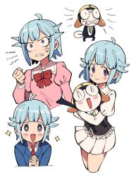 Rule 34 | 1girl, ^ ^, ai nige, blue hair, blush, closed eyes, cropped torso, keroro gunsou, light blue hair, looking at viewer, multiple views, open mouth, pleated skirt, purple eyes, short hair, simple background, skirt, smile, star-shaped pupils, star (symbol), symbol-shaped pupils, tagme, white background