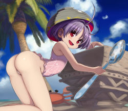 Rule 34 | 1girl, :d, ahoge, animal, ass, bare legs, barefoot, beach, black hat, blush, bowl, bowl hat, casual one-piece swimsuit, cloud, crab, day, from side, hair intakes, hat, holding, kneeling, looking at viewer, looking to the side, one-piece swimsuit, open mouth, outdoors, palm tree, pink one-piece swimsuit, plant, playing, purple hair, red eyes, reflection, sand sculpture, short hair, smile, spoon, sukuna shinmyoumaru, swimsuit, syope, touhou, tree
