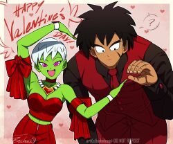 Rule 34 | 1boy, 1girl, ?, bahnloopi, black hair, breasts, broly (dragon ball super), cheelai, colored skin, confused, dragon ball, dragon ball super, dragon ball super broly, green skin, grey hair, happy valentine, heart, heart hands, heart hands duo, heart hands failure, highres, leaning forward, medium breasts, necktie, red necktie, red vest, scar, scar on face, short hair, smile, spoken question mark, tall male, very short hair, vest