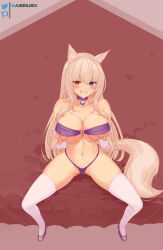 Rule 34 | 1girl, :d, absurdres, animal ear fluff, animal ears, areola slip, aseiusx, bare shoulders, bell, bikini, blue eyes, blush, breast hold, breasts, bridal gauntlets, cameltoe, cat ears, cat girl, cat o-ring, cat tail, choker, cleavage, coconut (nekopara), collarbone, commentary, commission, covered erect nipples, curvy, eyes visible through hair, fang, foreshortening, from above, full body, gluteal fold, grabbing own breast, grin, hair between eyes, heart, heterochromia, high heels, highres, jingle bell, large breasts, looking at viewer, midriff, navel, neck bell, nekopara, o-ring, o-ring bikini, on bed, open mouth, partially visible vulva, paw print, presenting, purple bikini, purple choker, purple footwear, red background, shiny skin, sidelocks, simple background, sitting, skindentation, slit pupils, smile, solo, spread legs, stomach, swimsuit, tail, thighhighs, thighs, tsurime, white bridal gauntlets, white thighhighs, yellow eyes