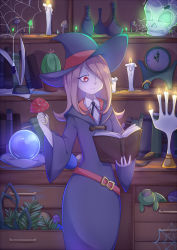 Rule 34 | 1girl, artist name, book, bug, candle, clock, crystal ball, desk, doll, drawer, expressionless, flower pot, glowing, hair over one eye, hat, highres, holding, holding book, holding mushroom, ink, ink bottle, little witch academia, long hair, long sleeves, luna nova school uniform, mushroom, okami hiro, open book, open drawer, paper, pillow, pink hair, pixiv username, plant, quill, reading, red eyes, robe, school uniform, shelf, signature, silk, skull, solo, spider, spider web, stitches, sucy manbavaran, vase, wax, witch, witch hat