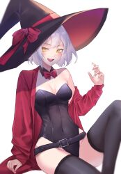Rule 34 | 1girl, absurdres, breasts, cleavage, hat, highres, looking at viewer, maviss 03, medium breasts, open mouth, original, short hair, simple background, smile, solo, white hair, yellow eyes