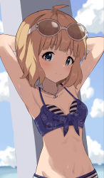 Rule 34 | anchor necklace, armpits, bare arms, bare shoulders, bikini, blue eyes, brown hair, commentary request, ebifu, eyewear on head, highres, idolmaster, idolmaster million live!, jewelry, looking at viewer, navel, necklace, short hair, stomach, sunglasses, suou momoko, swimsuit, upper body
