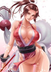 Rule 34 | 1girl, breasts, brown eyes, brown hair, cameltoe, cleavage, covered erect nipples, fatal fury, highres, large breasts, lips, long hair, looking at viewer, panties, ponytail, shiranui mai, sideboob, solo, thighs, underwear