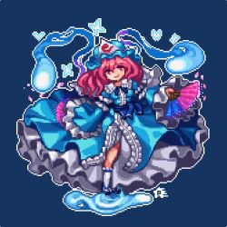 Rule 34 | 1girl, animal, armband, blue armband, blue background, blue dress, blue hat, blue ribbon, bug, butterfly, closed mouth, dress, dual wielding, frilled armband, frilled dress, frilled sleeves, frilled socks, frills, hair between eyes, hand fan, hat, holding, holding fan, hyatsu, insect, long hair, lowres, outline, petals, pink eyes, pink hair, pixel art, ribbon, saigyouji yuyuko, signature, simple background, sleeves past fingers, sleeves past wrists, smile, socks, solo, spirit, touhou, water, white outline, white socks