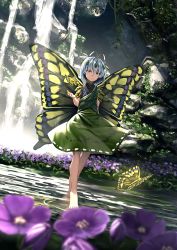 Rule 34 | 1girl, antennae, barefoot, blue hair, brown eyes, bug, butterfly, butterfly wings, commentary request, day, dress, eternity larva, flower, full body, green dress, hair between eyes, hair ornament, highres, insect, insect wings, leaf, leaf hair ornament, leaf on head, looking at viewer, outdoors, ryosios, short dress, short hair, solo, touhou, water, waterfall, wings