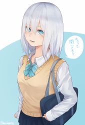 Rule 34 | 1girl, absurdres, ars almal, artist name, bag, blouse, blue background, blue bow, blue bowtie, blue eyes, blue skirt, blush, bow, bowtie, breasts, brown vest, eyes visible through hair, female focus, grey hair, hair between eyes, highres, japanese text, long sleeves, looking at viewer, medium breasts, miniskirt, nijisanji, nose blush, open mouth, pleated skirt, school uniform, shirt, short hair, simple background, skirt, sleeves past wrists, solo, speech bubble, standing, talking, teeth, translation request, twitter username, two-tone background, uecchi, vest, virtual youtuber, white shirt