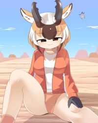 Rule 34 | 2girls, animal ears, black gloves, black horns, blue shirt, blue sky, breasts, brown hair, closed mouth, commentary request, day, deer ears, deer girl, desert, feet out of frame, gloves, greater roadrunner (kemono friends), grey background, hand on own knee, highres, horizontal pupils, horns, jacket, kemono friends, large breasts, lets0020, looking at viewer, medium bangs, multicolored hair, multiple girls, open clothes, open jacket, orange jacket, orange panties, panties, pronghorn (kemono friends), raglan sleeves, shirt, short hair, sitting, sky, smile, solo focus, underwear, white hair, white shirt