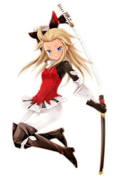 Rule 34 | &gt;:), 1girl, 5pb., arm up, armor, armored dress, black gloves, blonde hair, blue eyes, blush, boots, bravely default: flying fairy, bravely default (series), edea lee, full body, gloves, holding, katana, long hair, looking at viewer, pantyhose, porurin (do-desho), scabbard, sheath, skirt, smile, solo, sword, thigh boots, thighhighs, unsheathed, unsheathing, v-shaped eyebrows, weapon, white background, white thighhighs