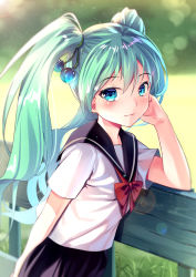 Rule 34 | 1girl, arm support, black skirt, blue eyes, blurry, blurry background, blush, bow, bowtie, closed mouth, commentary request, day, depth of field, green hair, hair between eyes, hair bobbles, hair ornament, hatsune miku, highres, long hair, outdoors, red bow, red bowtie, revision, school uniform, serafuku, shirt, short sleeves, skirt, solo, twintails, very long hair, vocaloid, white shirt, yan (nicknikg)