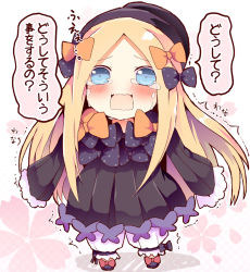 Rule 34 | 1girl, abigail williams (fate), black bow, black dress, black footwear, black hat, blonde hair, bloomers, blue eyes, blush, bow, bug, butterfly, chibi, commentary request, crying, crying with eyes open, dress, fate/grand order, fate (series), forehead, full body, hair bow, hat, hugging object, insect, long hair, long sleeves, matsushita yuu, open mouth, orange bow, parted bangs, polka dot, polka dot bow, shoes, sleeves past fingers, sleeves past wrists, solo, standing, tears, translation request, trembling, underwear, very long hair, wavy mouth, white bloomers