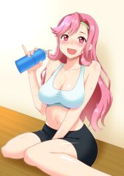 Rule 34 | 1girl, bare shoulders, bike shorts, blush, breasts, celia ootsuka, cleavage, fang, female focus, hairband, large breasts, long hair, looking at viewer, maken-ki!, midriff, navel, open mouth, panties, pink eyes, pink hair, pinky out, shamun, smile, solo, sports bra, sweat, underwear
