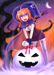 Rule 34 | 1girl, :d, ahoge, blush, boots, bow, braid, cape, costume, crescent moon, fang, gloves, halloween, hat, highres, k (trans-am-raiser-burst), long hair, lyrical nanoha, mahou shoujo lyrical nanoha, mahou shoujo lyrical nanoha a&#039;s, moon, open mouth, purple eyes, red hair, sack, smile, snowing, solo, thigh boots, thighhighs, tree, twin braids, vita (nanoha), witch, witch hat