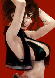Rule 34 | 1girl, adjusting hair, armpits, arms up, bikini, bikini top only, black bikini, breasts, brown hair, cleavage, cropped jacket, earrings, hair in own mouth, highres, jewelry, large breasts, lips, meiko (vocaloid), pisuke, profile, red background, short hair, sideboob, solo, swimsuit, tattoo, vest, vocaloid, yellow eyes