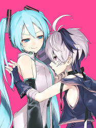 Rule 34 | 2girls, aqua nails, aqua necktie, arched back, blue eyes, blue hair, choker, collared shirt, detached sleeves, earpiece, embarrassed, fingerless gloves, flower (vocaloid), flower (vocaloid4), furrowed brow, gloves, grabbing another&#039;s chin, grey hair, grey nails, hand on another&#039;s chin, hatsune miku, highres, hood, hoodie, kabedon, long hair, medium hair, multicolored hair, multiple girls, nail polish, necktie, open mouth, purple hair, red eyes, rsk (tbhono), shirt, sleeveless, sweatdrop, twintails, two-tone hair, very long hair, vocaloid, yuri