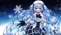 Rule 34 | 1girl, absurdres, bass clef, beret, blue bow, blue eyes, blue gloves, blue hair, blue neckwear, bow, bowtie, braid, braided bangs, capelet, commentary, dress, fur-trimmed capelet, fur trim, gloves, gold trim, hair bow, hand on own chest, hat, hatsune miku, highres, huge filesize, light blue hair, long hair, looking at viewer, night, nohyoo 0911, open mouth, outstretched arm, rabbit yukine, smile, snowflake print, snowflakes, snowing, string of light bulbs, treble clef, twintails, very long hair, vocaloid, white capelet, white dress, white headwear, yuki miku, yuki miku (2021)
