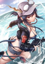 Rule 34 | 1girl, absurdres, arknights, artist name, ass, aviator sunglasses, baseball cap, bikini, bikini under clothes, black bikini, black footwear, black hair, black jacket, breasts, caiman pool, ch&#039;en (arknights), ch&#039;en the holungday (arknights), cleavage, dragon girl, dragon horns, dragon tail, eyewear on head, folded ponytail, from side, grey shorts, hat, highres, holding, holding weapon, horns, horns through headwear, jacket, large breasts, long sleeves, looking at viewer, looking to the side, ocean, official alternate costume, parted lips, red eyes, running, short shorts, shorts, skindentation, smile, solo, sunglasses, swimsuit, tail, thigh strap, trigger discipline, tsurime, v-shaped eyebrows, water, water gun, water world, weapon, whale tail (clothing), white hat