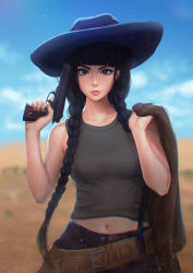 Rule 34 | 1girl, bare arms, bare shoulders, belt, belt buckle, black hair, black pants, blue hat, blue sky, blunt bangs, blurry, blurry background, braid, breasts, brown belt, brown eyes, buckle, cloud, collarbone, commission, cowboy hat, cowboy shot, day, depth of field, desert, finger on trigger, grey tank top, gun, hair over shoulder, handgun, hat, holding, holding clothes, holding gun, holding jacket, holding weapon, horizon, jacket, lips, long hair, looking at viewer, nail polish, navel, original, outdoors, pants, parted lips, red nails, sand, signature, sky, small breasts, solo, standing, tank top, twin braids, umigraphics, v-shaped eyebrows, weapon