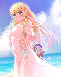 Rule 34 | 1girl, arthur ko, blonde hair, blue eyes, blue sky, blush, bouquet, breasts, clothing cutout, cloud, covered navel, day, dress, fletcher (kancolle), flower, hair ornament, highres, holding, holding bouquet, kantai collection, large breasts, long hair, ocean, official alternate costume, outdoors, red flower, red rose, rose, side cutout, sky, smile, solo, standing, star (symbol), star hair ornament, very long hair, white dress, white flower, white rose, yellow flower, yellow rose