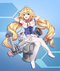 Rule 34 | :d, ahoge, armpits, arms behind head, azur lane, blonde hair, blush, breasts, capelet, choker, cross, cross earrings, crucifix, earrings, frilled thighhighs, frills, garter straps, green eyes, highres, jewelry, le temeraire (azur lane), legs, long hair, machinery, open mouth, sitting, skirt, smile, solo, the hermit, thighhighs, twintails, very long hair, white thighhighs