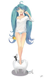 Rule 34 | 1girl, ahoge, aqua eyes, aqua hair, ataru (ataru squall), barefoot, brushing teeth, full body, hair over one eye, hatsune miku, legs, long hair, oversized object, panties, simple background, solo, striped clothes, striped panties, thigh gap, tooth, toothbrush, toothpaste, twintails, underwear, very long hair, vocaloid