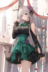 Rule 34 | 1girl, ahoge, arch, arm at side, bare shoulders, beads, bell tower, black bow, black dress, blue eyes, blush, bow, bowtie, breasts, building, chain, clothing cutout, collared dress, cowboy shot, cross, cross-laced clothes, cross-laced sleeves, day, dress, flower, frilled sleeves, frills, from side, green bow, green bowtie, hair flower, hair ornament, hairclip, hand up, highres, lace, lace-trimmed dress, lace trim, large breasts, light particles, long hair, long sleeves, looking at viewer, original, parted lips, petals, purple flower, purple rose, railing, ribbon, rose, short dress, shoulder cutout, shuvi (shuvi1125), silver hair, sleeves past wrists, solo, steeple, straight hair, tower, underbust, very long hair, walking, x hair ornament