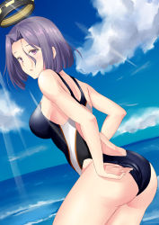 Rule 34 | 1girl, adjusting clothes, adjusting swimsuit, ass, back, beach, black one-piece swimsuit, blue sky, breasts, cloud, competition swimsuit, cowboy shot, day, eyebrows, halo, headgear, highleg, highleg swimsuit, highres, kantai collection, looking at viewer, looking back, mechanical halo, medium breasts, one-piece swimsuit, open mouth, outdoors, purple eyes, purple hair, short hair, sky, solo, standing, sunlight, swimsuit, taira yuuki, tatsuta (kancolle), water