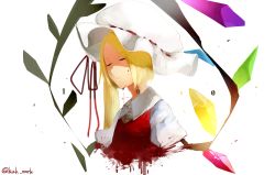 Rule 34 | 1girl, artist name, asymmetrical hair, bad id, bad pixiv id, blonde hair, blood, blood drip, blood on face, closed eyes, flandre scarlet, hat, highres, kuk work, long hair, mob cap, side ponytail, signature, solo, splatter, touhou, upper body, white background, white hat
