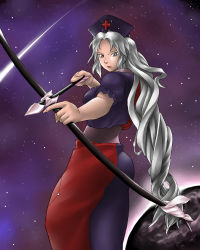 Rule 34 | 1girl, arrow (projectile), bad id, bad pixiv id, bow, bow (weapon), female focus, hat, long hair, outdoors, sky, solo, standing, star (sky), starry sky, touhou, weapon, white hair, yagokoro eirin