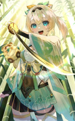 Rule 34 | 1girl, :d, absurdres, bamboo, bamboo forest, bell, black gloves, black hairband, blonde hair, blue eyes, blue skirt, blush, breasts, cadorunrun, cleavage cutout, clothing cutout, cloud print, commentary, covered navel, cowboy shot, day, egasumi, elbow gloves, fingerless gloves, forest, glint, gloves, hair between eyes, hair ornament, hairband, haori, highres, holding, holding sword, holding weapon, hololive, japanese clothes, katana, kazama iroha, leaf hair ornament, looking at viewer, medium breasts, medium hair, miniskirt, nature, open mouth, outdoors, pleated skirt, pokobee, ponytail, reverse grip, skirt, smile, solo, standing, strapless, sunlight, sword, tanuki, thighhighs, tube top, virtual youtuber, weapon, white thighhighs, zettai ryouiki