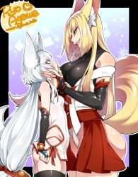 Rule 34 | 2girls, agawa ryou, animal ears, bad id, bad tumblr id, black legwear, blonde hair, blue eyes, blush, borrowed character, breasts, bridal gauntlets, commentary, curvy, eye contact, fangs, fox ears, hands on another&#039;s face, japanese clothes, kitsune, large breasts, light blush, long hair, looking at another, low-tied long hair, multiple girls, original, rape face, small breasts, smile, thighhighs, very long hair, yellow eyes, yuri