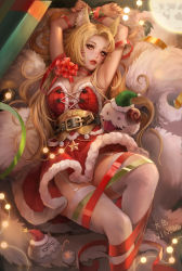 Rule 34 | 1girl, ahri (league of legends), animal ears, armpits, arms up, blonde hair, bound, bound wrists, bow, breasts, candy, candy cane, character request, choker, cleavage, dress, facial mark, feet out of frame, food, fox ears, fox girl, fox tail, fur-trimmed dress, fur trim, garter straps, green hat, hat, highres, horns, league of legends, looking at viewer, lying, medium breasts, on back, parted lips, poro (league of legends), red bow, red choker, red dress, red ribbon, ribbon, santa dress, santa hat, smile, solo, tail, thighhighs, tongue, tongue out, whisker markings, xiuluoyi00, yellow eyes