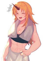Rule 34 | +++, 1girl, :d, abs, black tank top, blonde hair, blush, breasts, cleavage, closed eyes, commentary, english commentary, hand on own hip, highres, horns, hoshiguma yuugi, large breasts, laughing, long hair, majime joe, muscular, muscular female, navel, open mouth, parted bangs, sharp teeth, simple background, single horn, smile, solo, tank top, teeth, touhou, towel, towel around neck, white background
