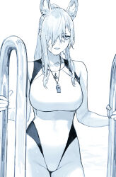 1girl animal_ears bare_arms bare_legs bare_shoulders blue_archive breasts clenched_teeth competition_swimsuit cowboy_shot dog_ears extra_ears greyscale groin hair_over_one_eye highleg highleg_one-piece_swimsuit highres kanna_(blue_archive) kanna_(swimsuit)_(blue_archive) large_breasts long_hair looking_at_viewer monochrome official_alternate_costume one-piece_swimsuit ponytail pool_ladder sharp_teeth simple_background solo swimsuit takuan_(takuanlunch) teeth whistle whistle_around_neck white_background