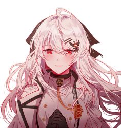 Rule 34 | 1girl, ahoge, black bow, blush, bow, breasts, girls&#039; frontline, gloves, hair between eyes, hair ornament, hair ribbon, hairclip, iws 2000 (girls&#039; frontline), jacket, long hair, long sleeves, looking at viewer, military, military uniform, own hands together, red eyes, ribbon, shirt, sidelocks, silence girl, silver hair, simple background, skirt, smile, solo, uniform, upper body, white background, white shirt