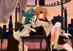 Rule 34 | 2girls, breasts, commentary request, green eyes, green hair, highres, ilis, multiple girls, pocky, skirt, yuri