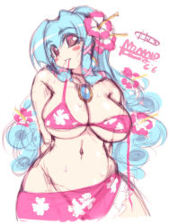 Rule 34 | 1girl, bikini, blue hair, blush, blush stickers, breasts, cleavage, flower, frills, hair flower, hair ornament, hibiscus, huge breasts, jewelry, mel/a, melmaid, mouth hold, navel, necklace, no panties, open bikini, open clothes, original, pink bikini, plump, red eyes, sidelocks, skirt, solo, sweat, swimsuit, underboob, untied bikini, wide hips