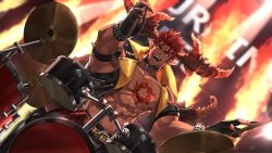 Rule 34 | 1boy, abs, bara, bellsaltr, black nails, blurry, blurry background, chest tattoo, commentary request, curled horns, dark-skinned male, dark skin, demon boy, demon horns, drum, drumming, drumsticks, fangs, fangs out, fingernails, highres, holding, holding drumsticks, horns, ifrit (housamo), instrument, jacket, large pectorals, leather, leather jacket, male focus, muscular, muscular male, nail polish, nipples, open mouth, pectorals, pointy ears, red eyes, sharp fingernails, short hair, smile, solo, spiked hair, sweat, tail, tattoo, tokyo houkago summoners