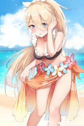 Rule 34 | 1girl, beach, bent over, bikini, black bikini, blonde hair, blue eyes, blue sky, blush, braid, breasts, cleavage, cloud, collarbone, flower, frilled bikini, frills, g36 (50 days with g36) (girls&#039; frontline), g36 (girls&#039; frontline), girls&#039; frontline, hair flower, hair ornament, hand up, highres, holding sarong, jewelry, kashiyarrm, long hair, looking at viewer, medium breasts, navel, necklace, ocean, official alternate costume, outdoors, parted lips, ponytail, sand, sarong, sky, solo, swimsuit, very long hair