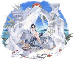 Rule 34 | 1girl, absurdly long hair, absurdres, alcohol, arm support, artist request, azur lane, bag, bare shoulders, basket, bikini, bird, black hair, blue flower, blue rose, blue sky, bottle, bouquet, breasts, candle, check artist, choker, chyoel, cleavage, closed mouth, cloud, collarbone, column, cup, day, detached sleeves, flower, food, frills, full body, grey eyes, hair flower, hair ornament, hair ribbon, handbag, hat, heterochromia, highres, island, jewelry, large breasts, leaf, legs, long hair, long sleeves, looking at viewer, low ponytail, navel, necklace, non-web source, ocean, official alternate costume, official art, outdoors, palm tree, petals, picnic basket, pillar, pillow, plant, red flower, red rose, ribbon, roma (azur lane), roma (vacation upon the tiber) (azur lane), rose, sandals, see-through, see-through sleeves, sitting, skindentation, sky, smile, solo, stomach, string bikini, swimsuit, thigh strap, thighs, transparent background, tree, very long hair, water, white bikini, white bird, white flower, white footwear, white ribbon, white rose, white sleeves, wine bottle, yellow eyes