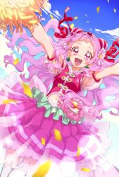 Rule 34 | 1girl, :d, back bow, bow, cheerleader, cloud, clover earrings, cone hair bun, confetti, cure yell, double bun, flower, hair bow, hair bun, hair flower, hair ornament, hair ribbon, highres, hugtto! precure, large bow, layered skirt, long hair, looking at viewer, magical girl, navel, nono hana, okimochi, open mouth, outstretched arms, pink bow, pink eyes, pink hair, pink shirt, pink skirt, pom pom (cheerleading), pouch, precure, puffy sleeves, red bow, red ribbon, ribbon, shirt, skirt, sky, smile, solo, spread arms, thick eyelashes, thighhighs, white thighhighs, zettai ryouiki