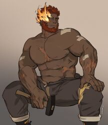 Rule 34 | 1boy, abs, absurdres, bara, beard, dark-skinned male, dark skin, eyebrow cut, facial hair, feet out of frame, flaming eye, grey pants, hammer, hephaestus (housamo), highres, holding, holding hammer, large pectorals, looking to the side, male focus, mature male, muscular, muscular male, navel, nimozie2, nipples, pants, pectorals, red eyes, scar, scar on chest, short hair, sitting, sleeves rolled up, solo, stomach, thick eyebrows, tokyo houkago summoners, topless male