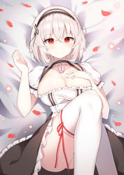 Rule 34 | 1girl, absurdres, anchor choker, azur lane, bad id, bad twitter id, bed sheet, blush, breasts, choker, cleavage, closed mouth, collarbone, commentary request, frilled choker, frills, hair between eyes, hairband, hand on own chest, highres, lace-trimmed hairband, lace trim, large breasts, looking at viewer, lying, on back, open mouth, paaru, petals, puffy short sleeves, puffy sleeves, red eyes, red ribbon, ribbon, ribbon-trimmed legwear, ribbon trim, rose petals, short hair, short sleeves, sirius (azur lane), smile, solo, sweat, thighhighs, thighs, white hair, white thighhighs