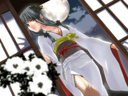 Rule 34 | 1girl, black hair, brown eyes, character request, dutch angle, full moon, game cg, japanese clothes, kimono, long hair, long sleeves, looking at viewer, moon, night, official art, rin kyoutarou, solo