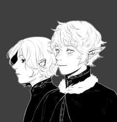 Rule 34 | 2boys, black coat, black eyes, brothers, coat, dungeon meshi, elf, greyscale, highres, mithrun, mithrun&#039;s brother, monochrome, multiple boys, pointy ears, profile, siblings, side-by-side, tsy, white eyes, white hair