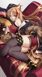 Rule 34 | 1girl, :d, absurdres, amagasa yun, animal ears, arknights, armpit crease, ass, bare shoulders, black coat, black footwear, black gloves, black headwear, black thighhighs, blonde hair, breasts, china dress, chinese clothes, coat, couch, dress, earrings, fang, feather boa, gloves, gold trim, green eyes, hair spread out, hand fan, high heels, highres, holding, jewelry, long hair, long sleeves, looking at viewer, lying, medium breasts, multicolored hair, off shoulder, official alternate costume, on couch, on side, open clothes, open coat, open mouth, red dress, side slit, smile, solo, streaked hair, swire (arknights), swire (honor and splendor) (arknights), tail, thighhighs, thighs, tiger ears, tiger tail, v-shaped eyebrows, very long hair, zettai ryouiki