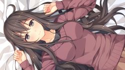 Rule 34 | 1girl, akabei soft, bed, black eyes, black hair, blush, breasts, clenched hands, female focus, game cg, highres, large breasts, long hair, long sleeves, looking at viewer, lying, nibutani kako, on back, on bed, smile, solo, sorairo innocent, unasaka ryou, upper body