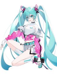 Rule 34 | 1girl, :d, alternate hair ornament, asymmetrical clothes, bag, bare legs, belt, blue eyes, blue hair, blue nails, breasts, eyelashes, eyes visible through hair, fingerless gloves, fingernails, full body, gloves, grey shorts, hair between eyes, hand on own knee, handbag, hatsune miku, heridy, highres, holding, holding bag, holding handbag, jacket, kneeling, leg up, long hair, midriff, nail polish, navel, no nose, open clothes, open jacket, open mouth, pink jacket, shiny clothes, shoes, shorts, sidelocks, simple background, small breasts, smile, sneakers, socks, solo, tattoo, twintails, very long hair, vocaloid, white background, white footwear, white socks, zipper