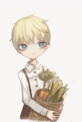 Rule 34 | 1boy, basket, blonde hair, blue eyes, carrot, collared shirt, copyright request, corn, corn cob, highres, holding, long sleeves, shadow, shirosaki london, shirt, short hair, simple background, smile, solo, suspenders, upper body, white background, white shirt